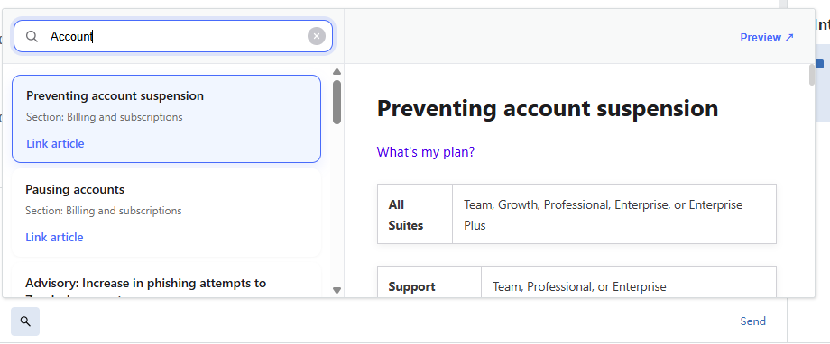 Help Center Linker in the Zendesk ticket editor showing search results and article preview